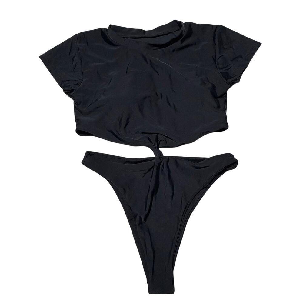 Black Short Sleeve Front Knot One Piece Swimsuit M 8 10 NWOT